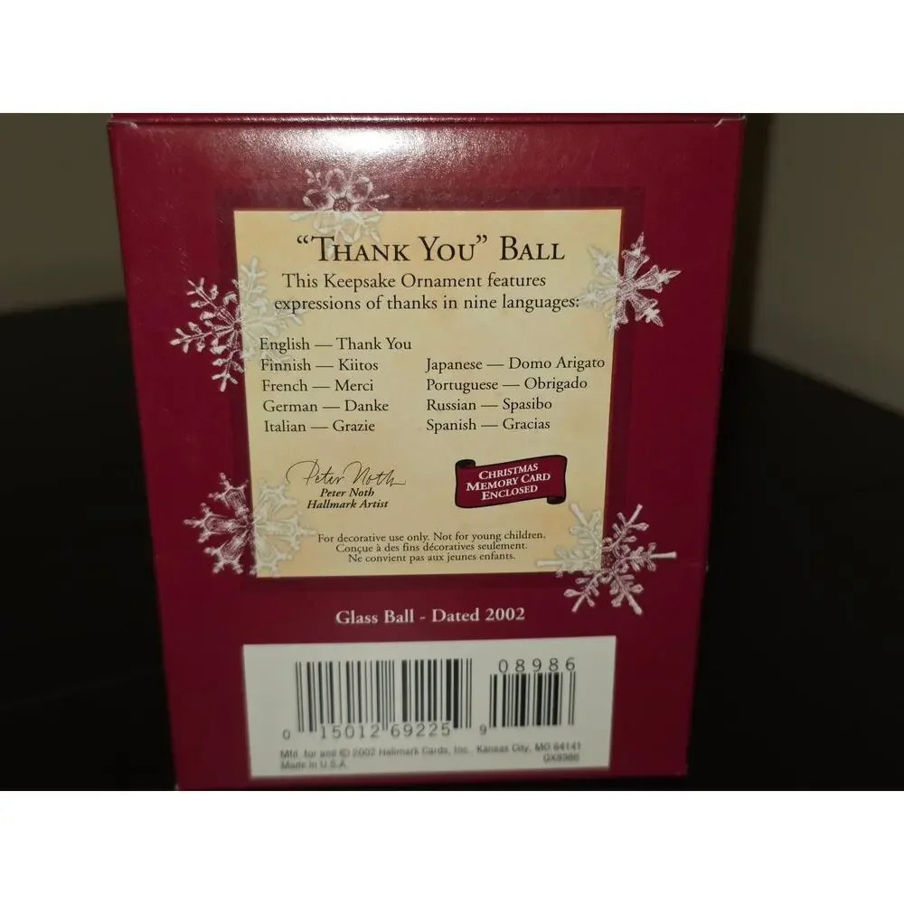Vintage 2002 Hallmark‎ Christmas Thank You Ball Ornament Keepsake - 9 Languages